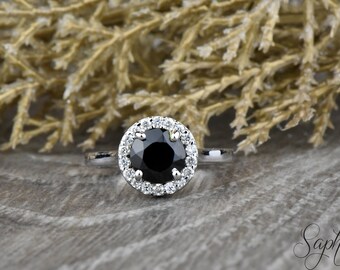 Round Natural Black Diamond Ring, Halo Engagement Ring, Diamond Solid Gold Platinum