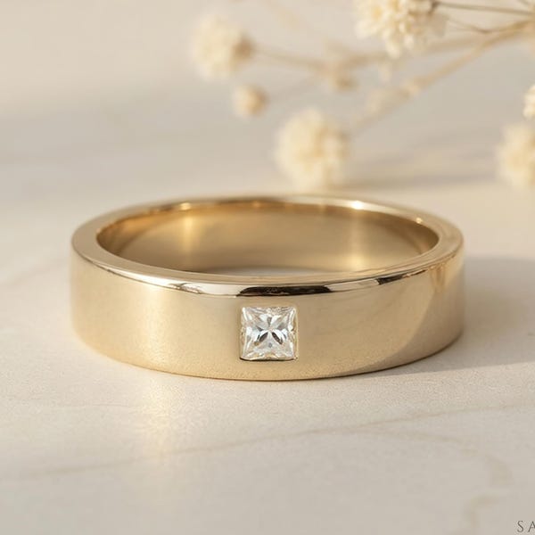 Mens Diamond Wedding Band, Princess Cut Mens Wedding Band, Solid Gold 10k/14k/18k Wedding Ring, His Wedding Band by Sapheena