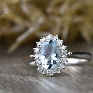 Aquamarine Halo Ring, Oval Aquamarine Engagement Ring, Solid Gold Gemstone Ring, March Birthstone Ring, Unique Promise Ring, Elegant Ring