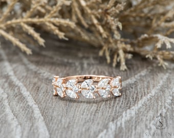 Vintage Marquise Cut Lab Diamond Band, Solid Gold Flower Moissanite Promise Ring, Half Eternity Marquise Band,  Stacking Band Matching Band