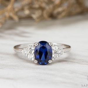 1.75 Ct Oval Cut Blue Sapphire Engagement Ring, Chatham Cluster Sapphire Wedding Ring, Solid Gold Bridal Ring, September Birthstone Ring
