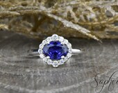 Chatham Blue Sapphire Oval Halo Ring, East West Sapphire ...