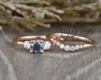Three Stone Round Grey Moissanite Engagement Set, Triple Stone Diamond Wedding Ring, Curved Diamond Matching Band, Unique Bridal Set