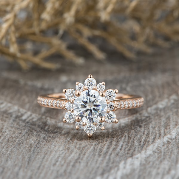 Round Cut Moissanite Halo Ring | Round Halo Moissanite Engagement Ring | NEO Moissanite Gold Ring | Snowflake Pave Band Bridal Ring