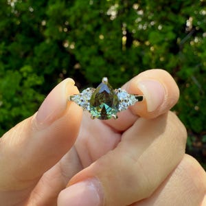 Natural Green Sapphire Cluster Engagement Ring, Pear Cut Green Sapphire Gold Ring, Tear Drop Wedding Ring, Diamond Cluster Ring, Birthstone