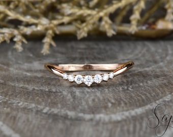 Dainty Curved Tiara Moissanite Wedding Band in 14k Rose Gold,Curved Diamond Band,Moissanite Stacking Band,Moissanite Tiara Ring by Sapheena