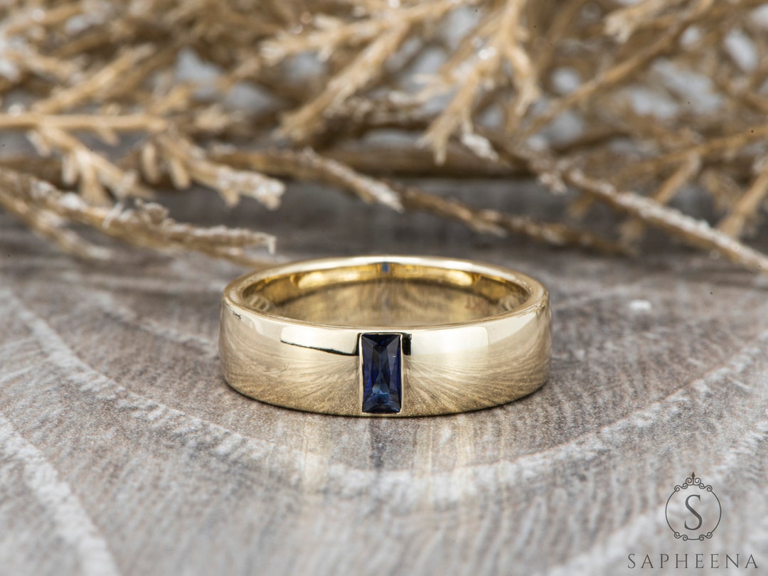 Mens Blue Sapphire Wedding Band Baguette Cut Blue Sapphire