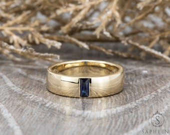 5.5mm Mens Blue Sapphire Wedding Band | Baguette Cut Blue Sapphire Band | Solid Gold Mens Ring | Mens Baguette Cut Blue Sapphire Ring