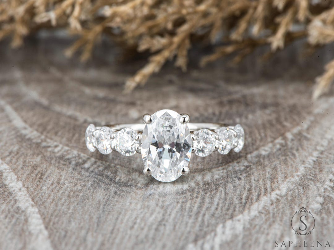 Oval Cut Moissanite Engagement Ring, Solid Gold Five Stone Ring ...