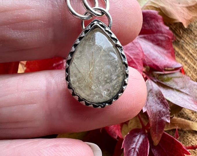 Gold Rutilated Quartz and Sterling Silver Necklace