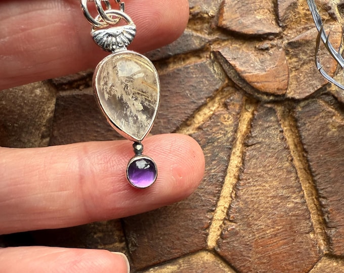 Gold Rutilated Quartz an Amethyst Recycled silver Necklace