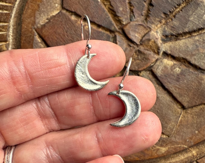 Handcrafted Recycled Silver Crescent Moon Drop Earrings