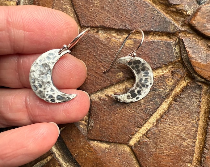 Crescent Moon Drop Earrings – Handcrafted in Oxidised Recycled Silver