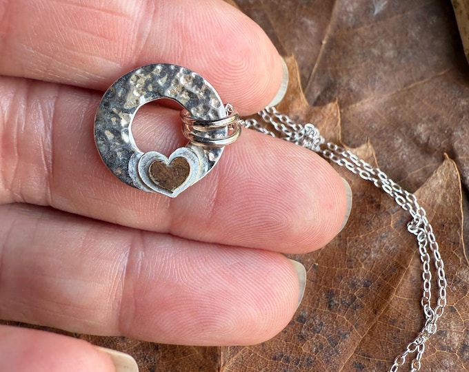 Handcrafted Hammered Silver & Copper Heart Necklace
