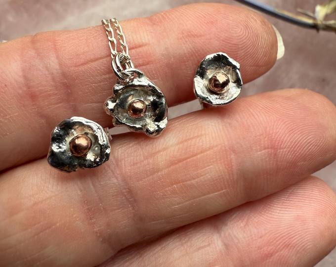 Sterling Silver and Copper Water-Cast Necklace & Earring Set