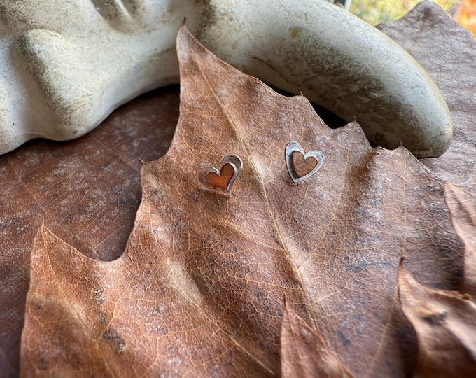 Dainty Mismatched Copper and Silver Heart Stud Earrings
