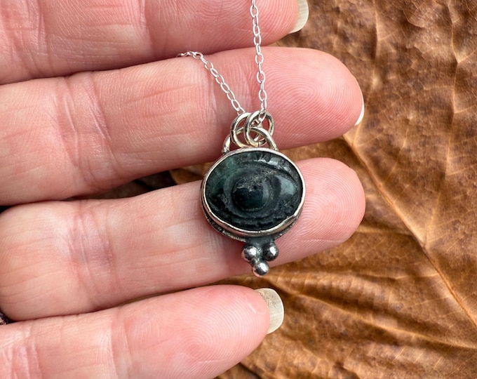 Carved Emerald Eye Necklace: Recycled Sterling Silver Witchy Amulet