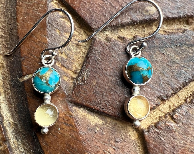Recycled Silver Turquoise and Citrine Drop Earrings