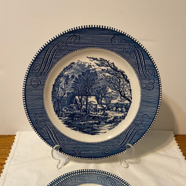 Set of 4 Currier and Ives Old Grist Mill Dinner Plates/Americana Dinnerware/Replacement