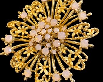 Vintage Pink Floral Burst Brooch/ gold tone/ fire pink rhinestone/ gift for her