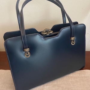 Theodor of California Double Top Handle Navy Vintage Purse/Ornate Brass Clasp