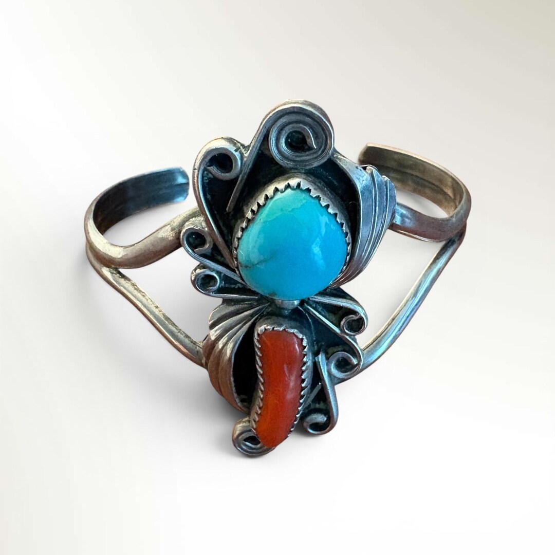 Vintage Navajo Sterling Silver Cuff Bracelet of Turquoise and Red Coral ...