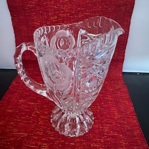 Vintage Glass Footed Pitcher/Etched Roes