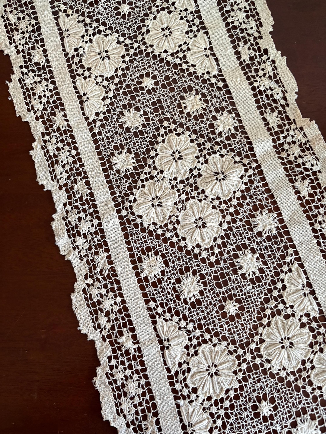 Antique Victorian Needle Lace Table Runner, Ivory Cotton Textile 36" X ...