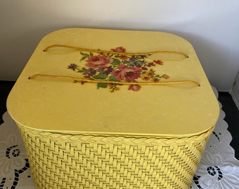 1940’s Princess Square Yellow Wicker Sewing Box with Floral Decoupage