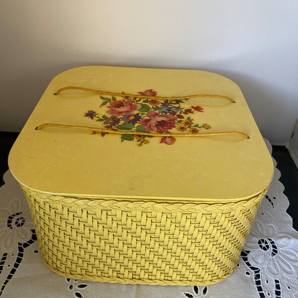 1940’s Princess Square Yellow Wicker Sewing Box with Floral Decoupage