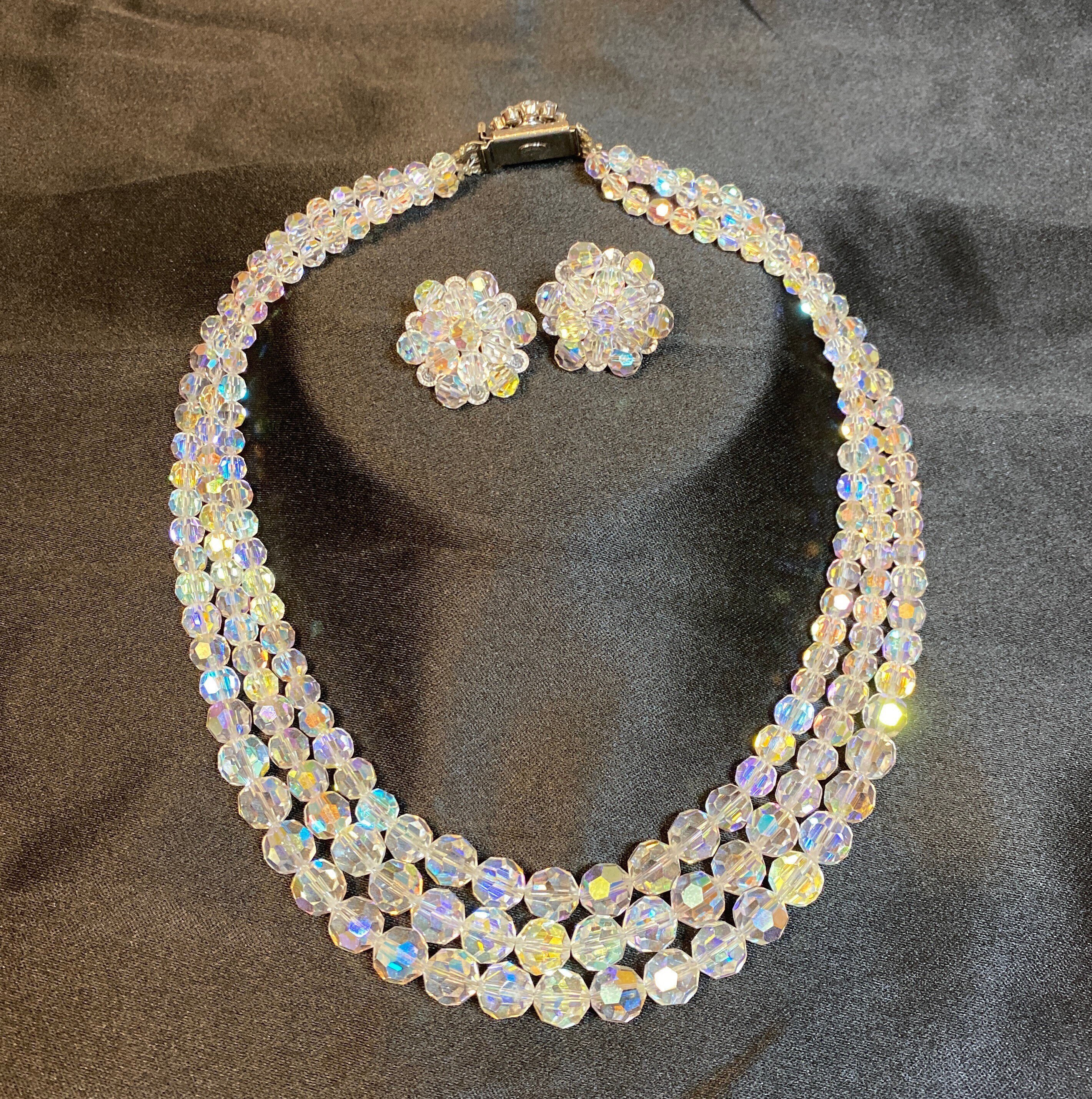 Vintage Austrian Crystal 3 Strand Necklace With Earrings aurora