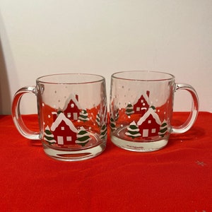 Vintage Luminarc Christmas Holiday Glass Mugs/ Red Cabin/Set of 2