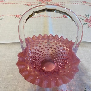Fenton Ruffled Cranberry Pink Hobnail Opalescent Basket/Large Candy Dish/Home Decor