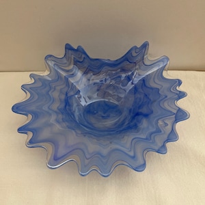 Vintage Murano Blue Glass Bowl/ Iridescent Blue Scallops/