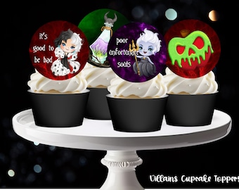 Party Like A Villain CUPCAKE toppers- Printable Cupcake toppers- Halloween villains birthday party- Maleficent, witch, poison, evil queen,