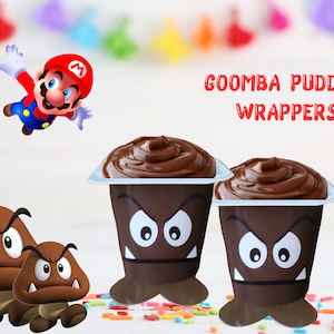 Goomba faces- super goomba pudding wrapper- brown goomba face wrapper- pudding birthday favor- party ideas- pudding face- chocolate favor