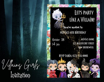 Party Like A Villain Invitation- Villains GIRLS ONLY Invite- DIGITAL Invite- Villains birthday part, Evil Queen, Ursula, Maleficent