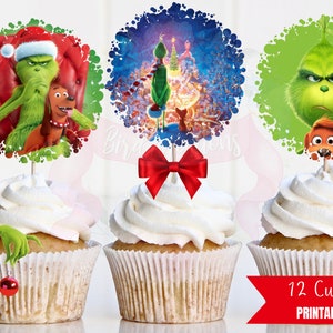 GRINCHMAS Cupcake toppers- Printable TOPPERS- Digital 2.5&#39;&#39; to 3&#39;&#39; cupcake toppers- GRINCH Christmas theme party- grinch, xmas, party,