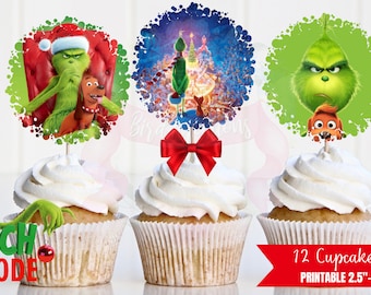 GRINCHMAS Cupcake toppers- Printable TOPPERS- Digital 2.5&#39;&#39; to 3&#39;&#39; cupcake toppers- GRINCH Christmas theme party- grinch, xmas, party,