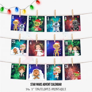 Peut inclure: Un calendrier de l'avent imprimable Star Wars avec 24 enveloppes. Chaque enveloppe présente un personnage différent de Star Wars, comme Yoda, Dark Vador et Chewbacca, sur un fond de galaxie. Les enveloppes mesurent 5 cm de large et 5 cm de haut.