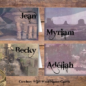 Peut inclure: Quatre cartes de nom de style vintage sur le thème western. Chaque carte présente une image différente et un nom en police noire et usée. Les noms sont Jean, Myriam, Becky et Adeijah.