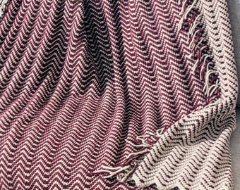 Herringbone Afghan / Maroon and Cream Crochet Blanket / Chevron Blanket with Tassels / Gift for Him or Her / Father's Day / Classic Throw