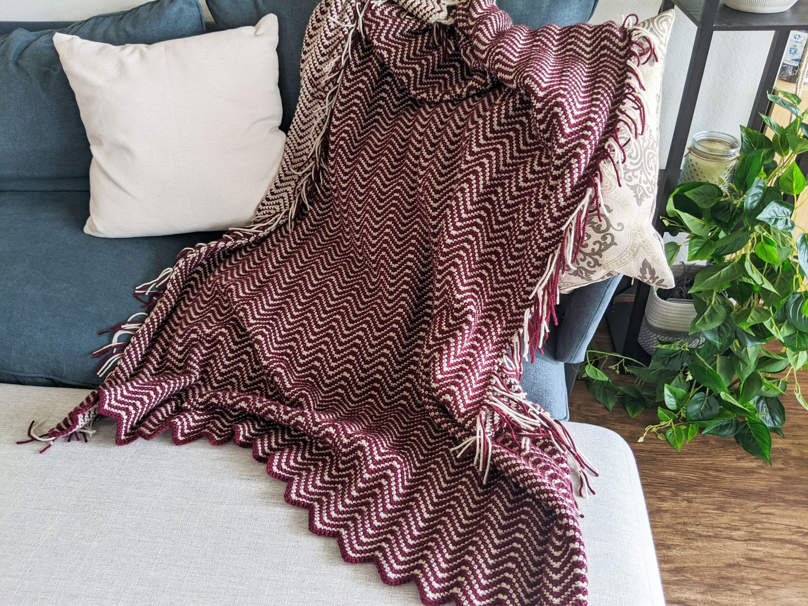 Herringbone Afghan / Maroon and Cream Crochet Blanket / Etsy