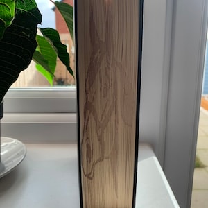 May include: A hardcover book with a black spine and edges. The pages are beige and feature a carved design of a horse. The book is standing upright on a white surface, with a plant in the background.