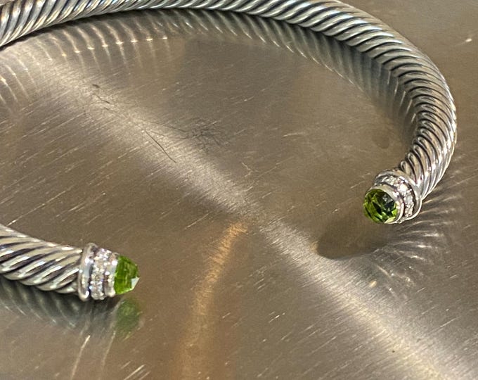 David Yurman 5mm Bracelet 925 SS Silver Diamond Peridot Cable Classic Bracelet Size medium