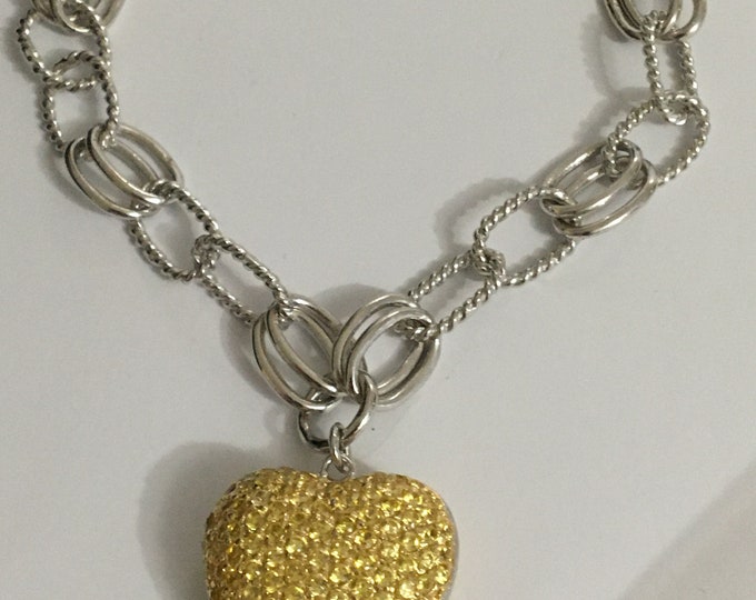 925 Sterling Silver, Yellow Heart Bracelet  Nickel Free, Rhodium Plated Bracelet, heart Shape Link  Bracelet
