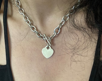 925 Sterling Silver 9mm Link Chain Necklace Heart Pendant