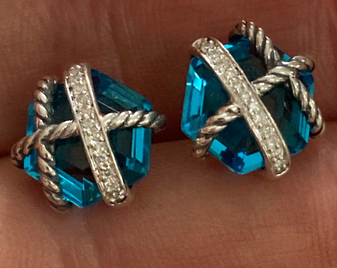 David Yurman  Pave Diamond Wrap  BLUE TOPAZ earrings