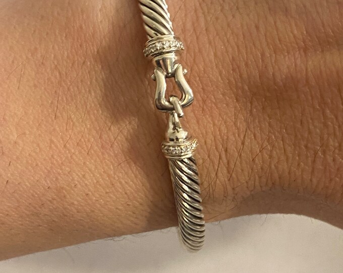 David Yurman Buckle Bracelet,5mm, 925 Sterling Silver & Pave Diamonds Size SMALL