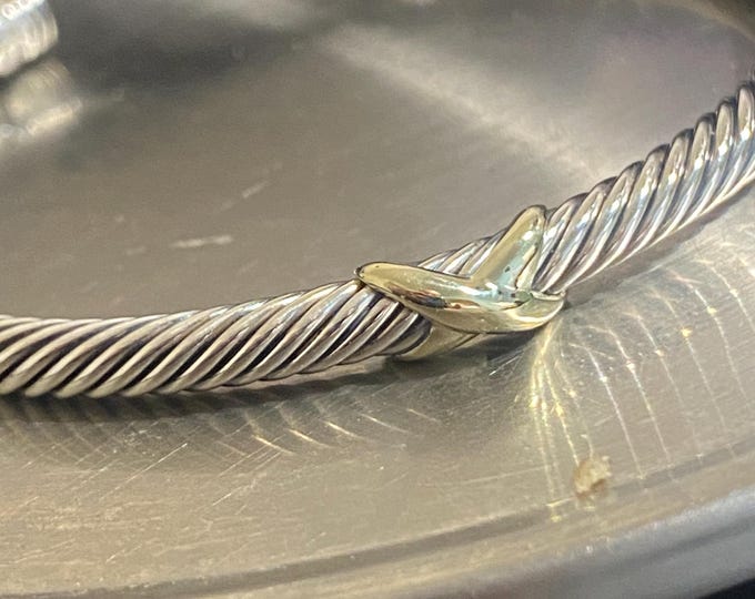 David Yurman X Bracelet,4mm, 925 Sterling Silver & 18K Gold Size Medium